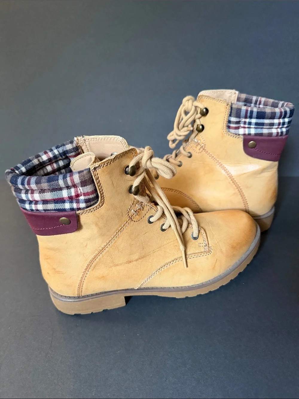 Woman’s Tan Lace-Up Plaid Collar Boots